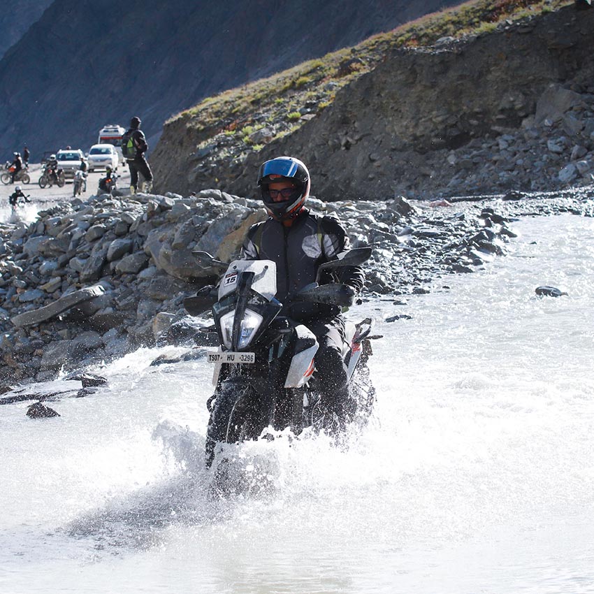 KTM Adventure 390 rider at Ladakh crossing road