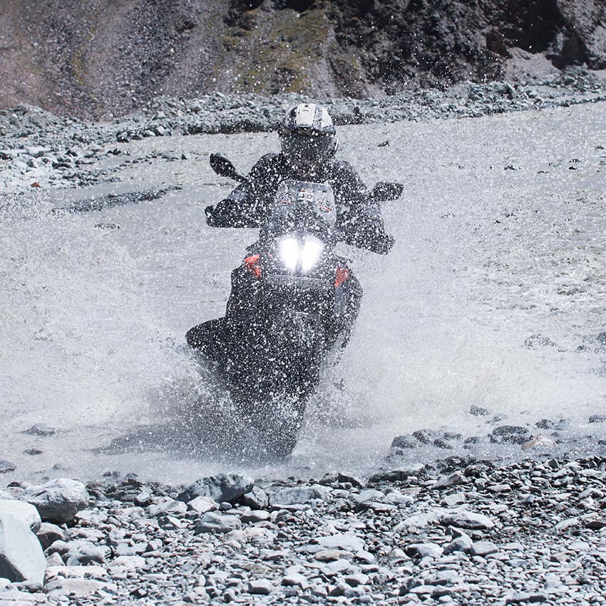 KTM Adventure 390 rider at Ladakh water crossing 