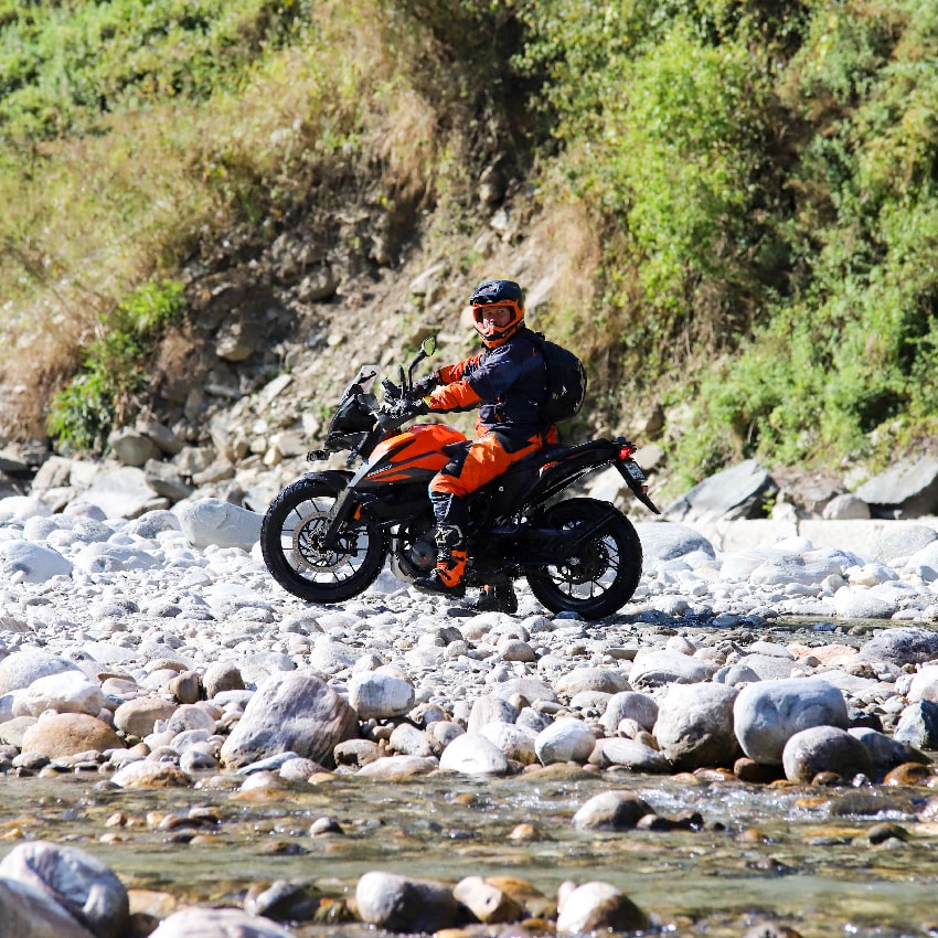 KTM Adventure 390 rider riverside